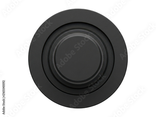 Black rubberized circular push button with textured rim and recessed center.
