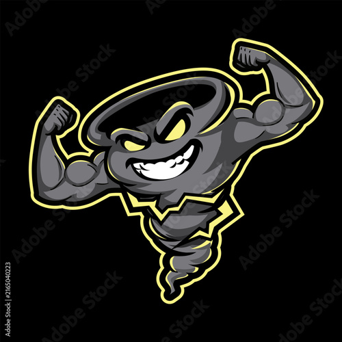 Muscular Tornado Mascot Character Showing Strong Biceps Muscle Vector Illustration