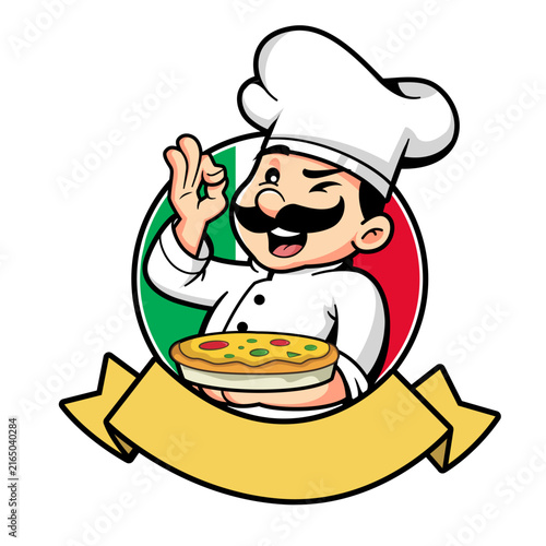 Italian Chef Mascot Logo Holding Fresh Hot Delicious Pizza