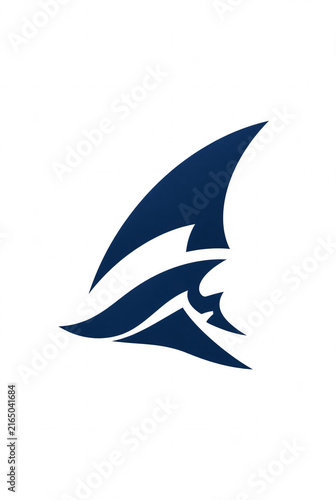 Minimal abstract shark logo formed from a sweeping shark fin and wave shape, dynamic geometric vector symbol, clean modern design, isolated on pure white background, no text, no letters, original