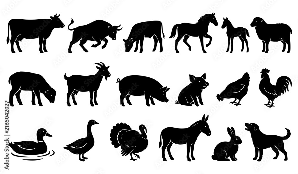 Obraz premium Farm Animal Silhouette Icon Collection