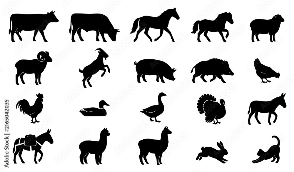 Obraz premium Rural Livestock Animal Black White Symbol Set