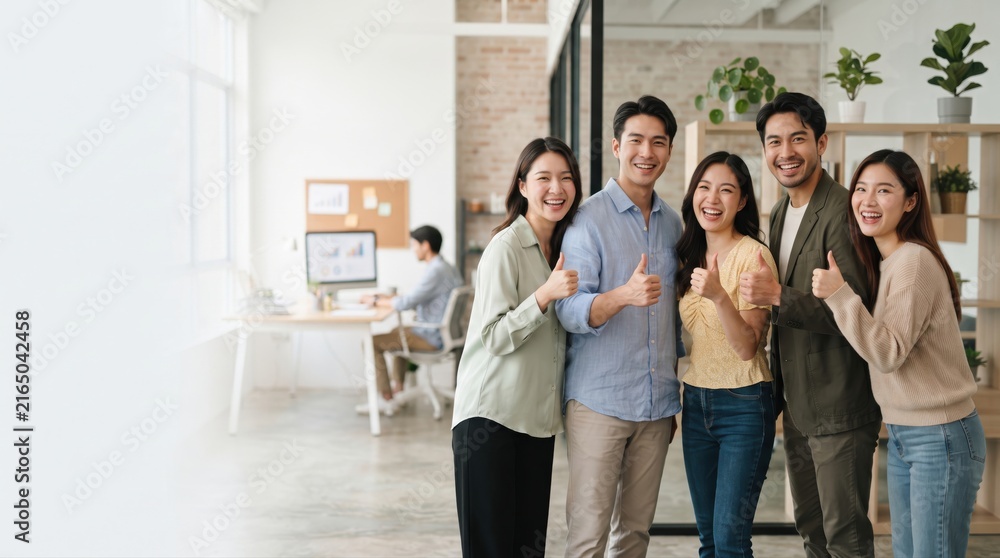 Fototapeta premium Group of Happy Young Adults Smiling and Giving Thumbs Up in Modern Office Environment with Plants and Light Decor