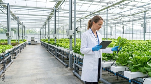 Scientist Examining Lettuce Growth in High-Tech Greenhouse with Digital Tablet in Hand for Agricultural Research and Innovation