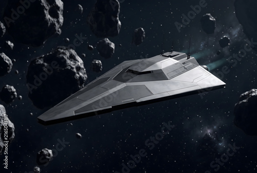 Futuristic Spaceship Navigating Dense Asteroid Field in Deep Space