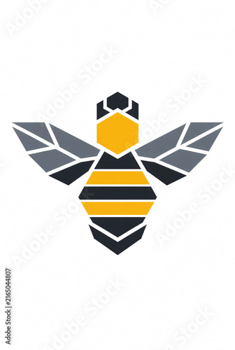 Modern geometric bee logo symbol, symmetrical wings and simplified striped body, hexagonal design influence, clean flat vector style, isolated on white background, no text, no letters