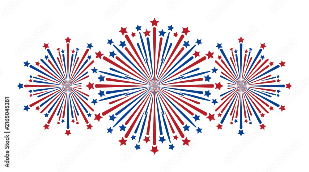 Fototapeta premium Red and blue patriotic firework bursts with stars on white background