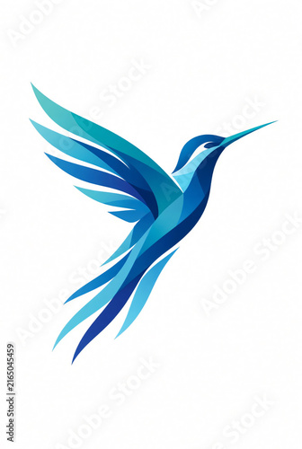 Elegant abstract hummingbird logo in flight, flowing geometric wing and body shapes, minimal clean vector symbol suggesting speed and energy, isolated on pure white background, no text, no letters