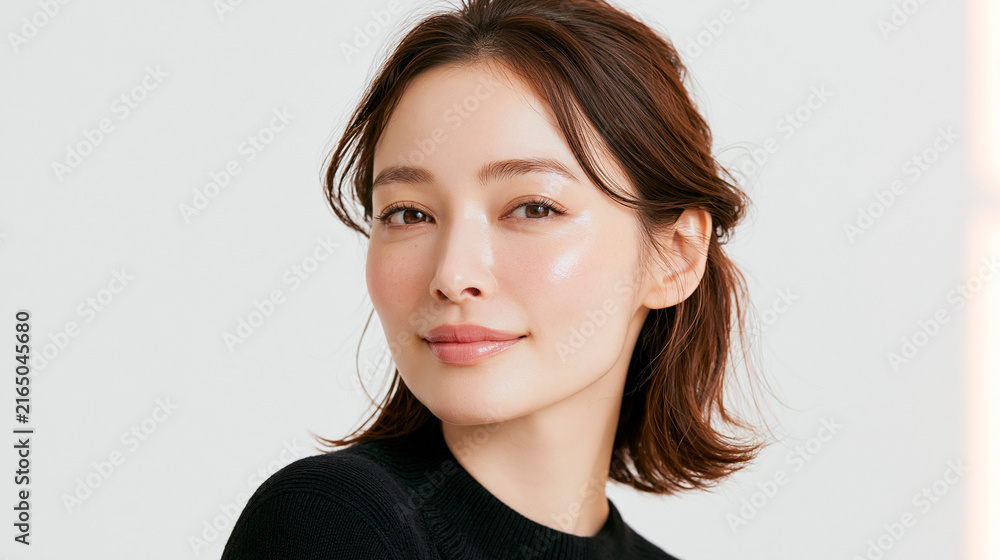 Fototapeta premium 美容, 女性, スキンケア, 化粧品, ビューティー, 若い女性, 美肌, 日本人, アジア人, フェイシャル, メイク, 美容液, 保湿, クリーム, エイジングケア, 美容医療, エステ, 美容クリニック, 肌ケア, ナチュラルメイク, 透明感, ツヤ肌, モデル, 笑顔, ポートレート, クローズアップ, リラックス, 癒し, 健康的, 美白, コラーゲン, ヒアルロン酸, アンチエイジング