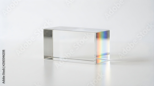 Clear glass prism splitting light into rainbow colors on side