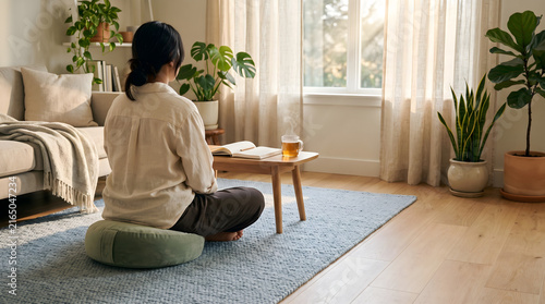 Woman Meditating on Cushion in Peaceful Sunlit Living Room