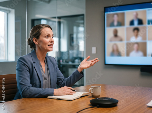 Manager leading a video call with a global team