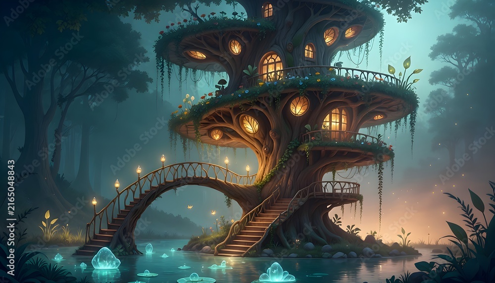 Obraz premium A whimsical fantasy illustration of a unique multi-level treehouse organically integrated into a giant spiral-shaped tree in a magical forest setting.