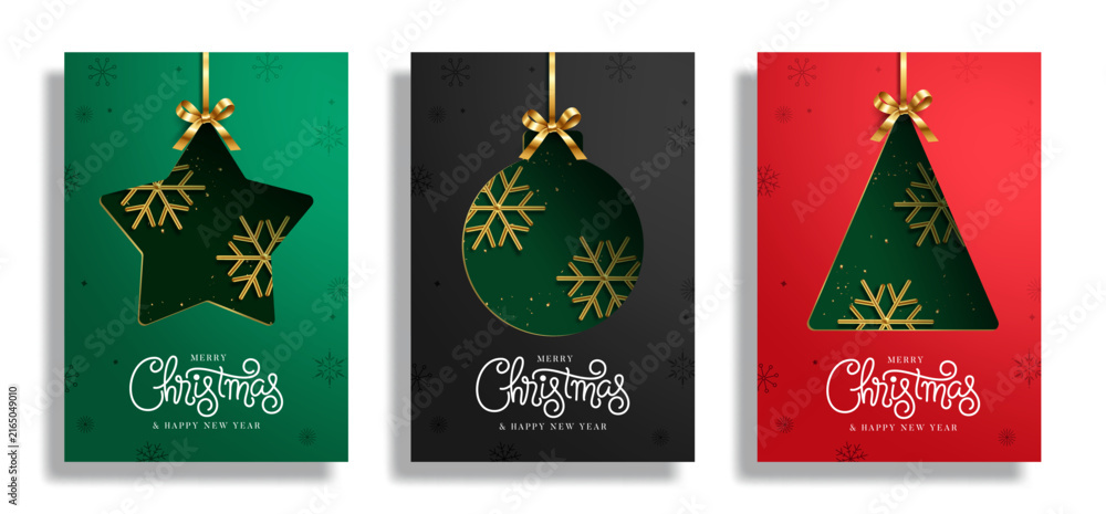 Fototapeta premium Christmas Greeting Card Poster Clipart Set. Merry Christmas greeting text with star, bauble and Christmas tree shapes, golden snowflakes and ribbon bows clip art collection in green, black and red 