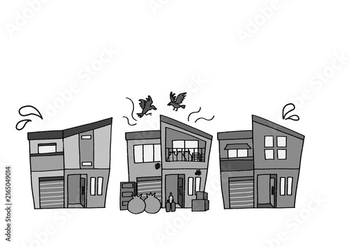 整然とした建売住宅地に大量のゴミが放置されたゴミ屋敷があり周囲の近隣住民が頭を悩ませている白黒イラスト。ゴミ屋敷対策・不用品回収・清掃サービスやマナー啓発の印刷チラシに使えるJPGカット素材。