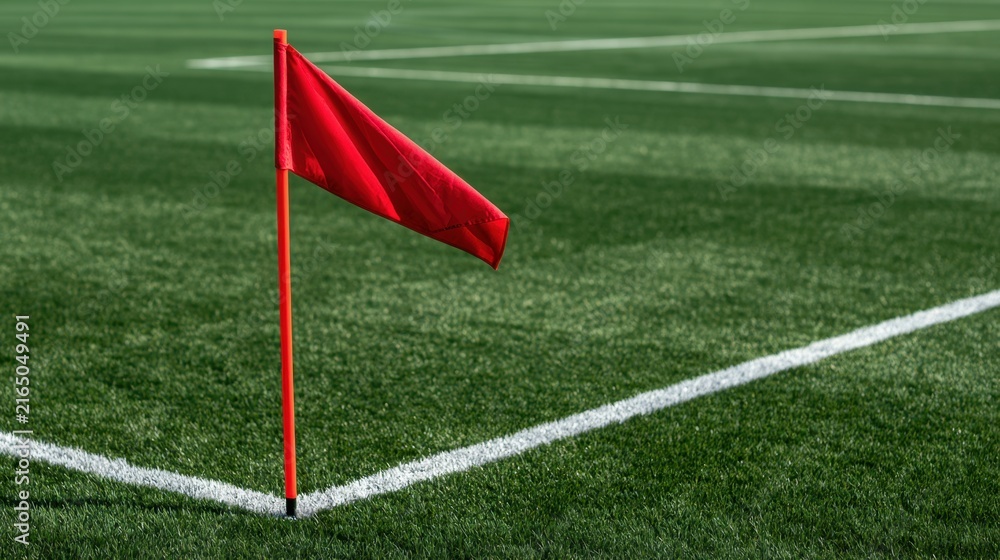 Fototapeta premium Red corner flag standing on green artificial turf field with white boundary lines for sport game marking and field indication