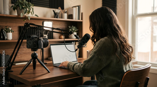 Female Content Creator Recording Podcast and Video in Home Studio