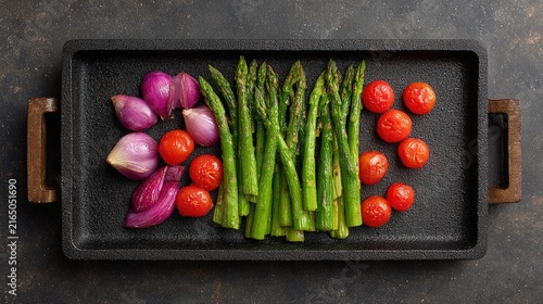 Asparagus red onions and tomatoes arranged on a black cast iron pan Vegetables