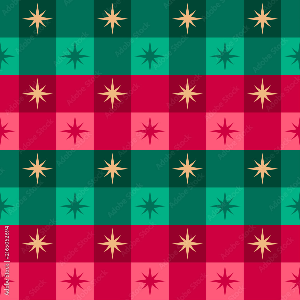 Obraz premium Star with red and green plaid pattern design for Christmas and new year background.