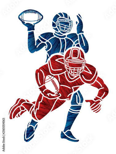 Team American Football Sport Group of Players Mix Action Cartoon Graphic Vector
