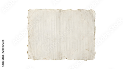 Vintage handmade paper with deckle edges, antique parchment texture on white background, rustic cream cotton paper for scrapbooking