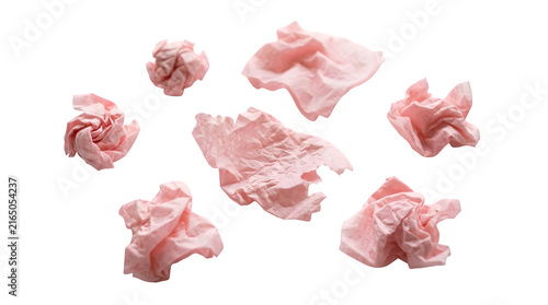 Crumpled pink tissue paper collection, wrinkled pastel napkins on white background, soft textured paper scraps for design
