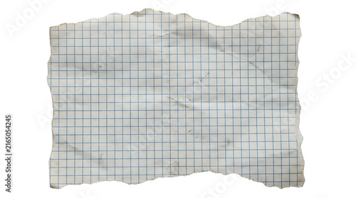 Distressed graph paper texture, a crumpled vintage grid paper sheet with torn edges, perfect for aged background overlays, retro design elements, and nostalgic graphic resources.