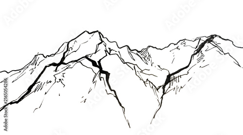 Minimalist mountain range sketch, hand drawn peak illustration, black and white alpine landscape line art for outdoors branding