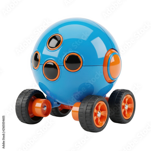 Blue robot toy with smiling face on wheels