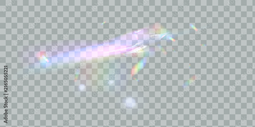 Obraz premium Rainbow reflection light prism effect on light gray background. Hologram glass dispersion, crystal flare leak shadow overlay.