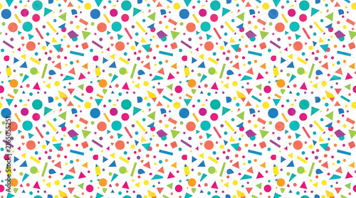 Vibrant seamless pattern featuring a playful scattering of colorful geometric shapes like circles, triangles, and rectangles on a clean white background, perfect for celebrations.