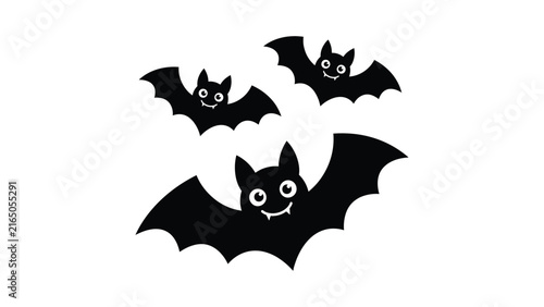 Collection of three cartoon-style bat silhouettes with wide wings, smiling faces, and fangs, symbolizing Halloween, fantasy, and nocturnal animals in playful vector illustration design