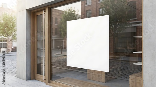 Blank square poster mockup on a modern glass shop window storefront