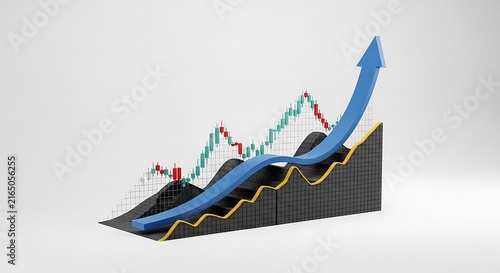 Abstract 3D financial analytics chart with blue rising arrow and dark technical candlestick pattern data business investment analysis statistics candlestick corporate financial