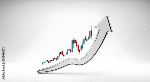 3D silver colored financial graph with rising arrow and candlestick data indicators for stock market analysis business investment analysis statistics candlestick corporate forecast