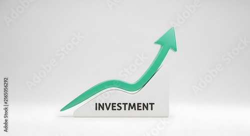 3D visualization of an investment growth trend indicated by a rising green arrow on a block with investment business financial analysis performance forecast corporate marketing