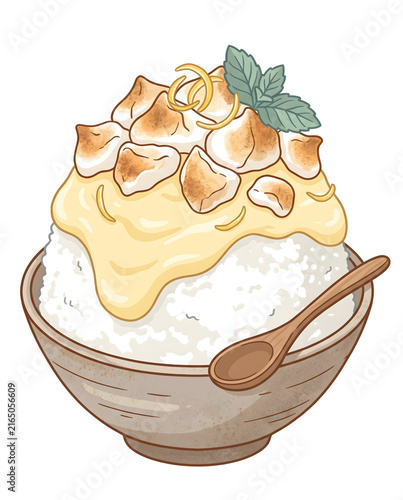 Creamy Shaved Ice Dessert with Golden Sauce and Mint Illustration