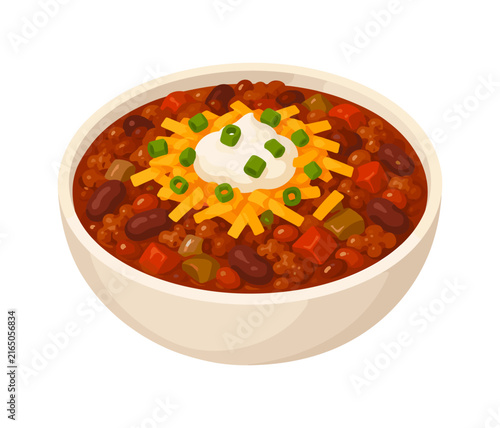 Hearty bowl of chili topped with cheese and green onions, illustrated 