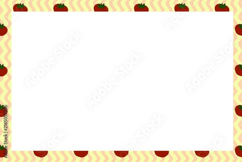 Playful tomato frame with a clean white center, yellow wavy border, and cartoon whole and sliced red tomatoes, perfect for recipe cards, food menus, labels, kitchen posters, and packaging.