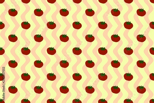 Seamless retro kitchen wallpaper pattern with repeating red tomatoes and green stems on a light yellow background with pink wavy stripes, ideal for fabric, textiles, packaging, wallpaper and decor.