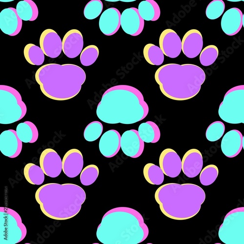 Seamless cartoon paw print pattern in vibrant purple and turquoise with pink and yellow outlines on black, perfect for pet-themed backgrounds, wrapping paper, fabric, textiles and packaging.
