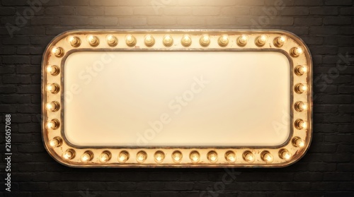 Vintage Marquee Light Sign on Dark Wooden Background with Copy Space.