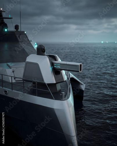 Futuristic Naval Weapon Turret on Patrol Vessel at Sea