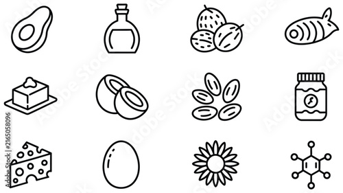 fats food outline icon set, healthy oils nuts seeds dairy nutrition symbols, dietary fat sources, balanced eating, cooking ingredients, wellness, healthy lifestyle