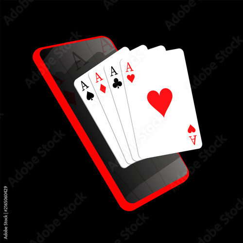 Highest combination of playing cards on a smartphone screen with an online casino app. Realistic vector isolated on black background