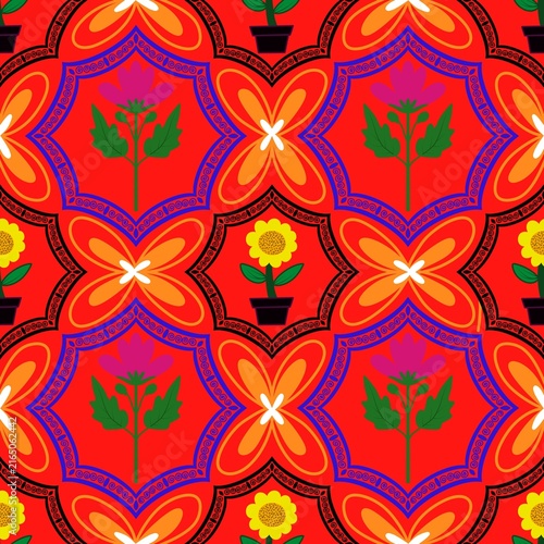 seamless floral pattern Vibrant red folk art seamless pattern with pink flowers and yellow sunflowers in decorative frames