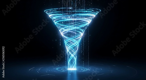 Digital data funnel visualization with glowing blue light particles on black background
