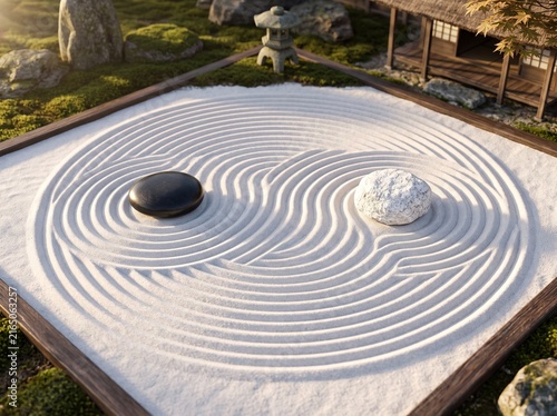 Peaceful Japanese Zen Garden with Raked Sand Patterns and Yin Yang Stones for Meditation and Harmony