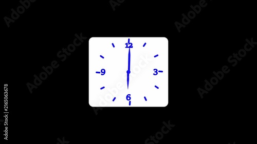 Clock Animation in 12 Hour Loop on Alpha Transparency .Clock with moving arrows