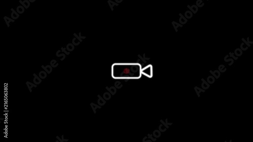Green neon video camera icon, blending geometric shapes with a square body and triangular lens, radiating in purple against a contrasting black backdrop for a cutting-edge visual effect.